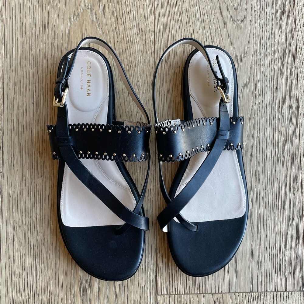 Cole Haan Anica Black Scalloped Studded Leather Thong Slingback Sandals 11B